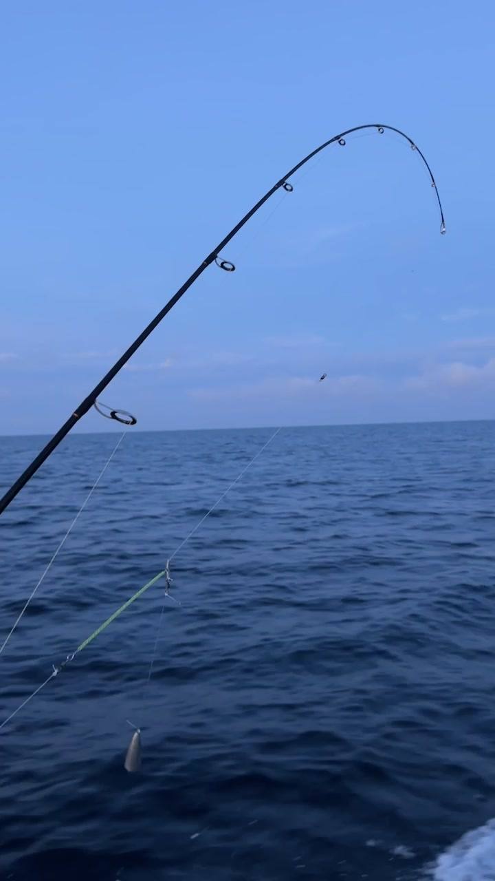 A bent fishing rod against a clear sky over dark blue open sea.